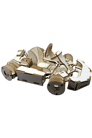 Modelo armable en madera de un Go-Kart de carreras realizado con plantilla de corte láser.