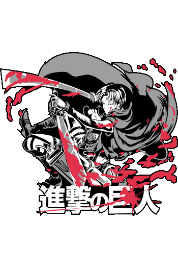 Vector de Levi Ackerman atacando con espadas y salpicaduras de sangre roja junto a kanjis de Shingeki no Kyojin.