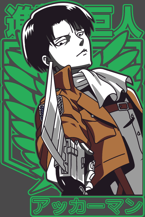 Ilustración vectorial de Levi Ackerman empuñando espada con fondo verde.