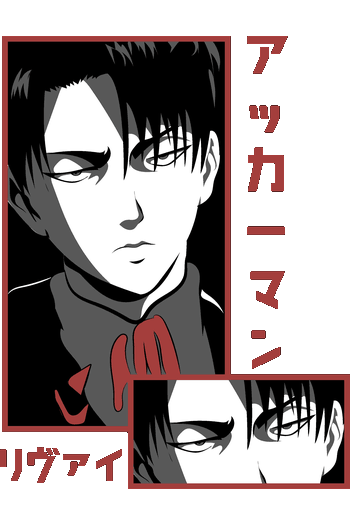 Vector de Levi Ackerman estilo póster manga japonés en color rojo para playeras de anime.