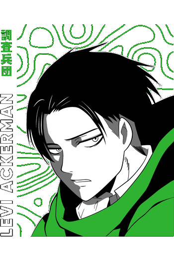 Levi Ackerman • Shingeki Collection Ilustración urbana de Levi Ackerman con capa verde y fondo topográfico para ropa streetwear otaku.