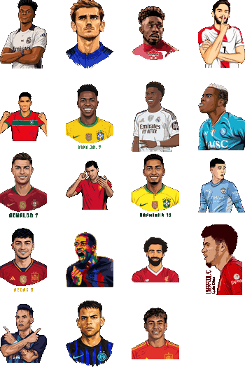 Pack de ilustraciones vectoriales de Cristiano Ronaldo, Vinícius Jr, Pedri y Salah con fondo transparente.