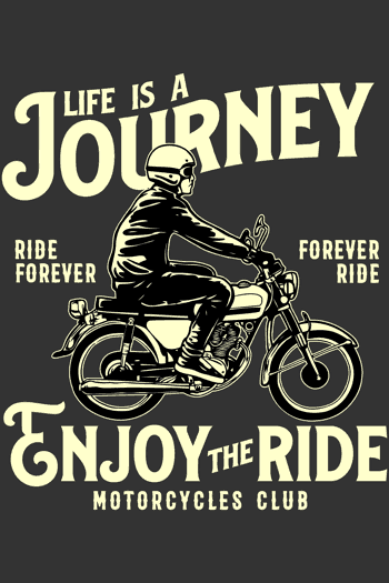 Silueta clásica de rider en moto vintage, casco y frase motivacional 'Ride Forever
