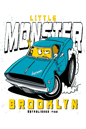 El monstruito amarillo más rockero derrapando en su muscle car azul custom