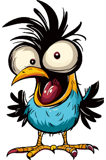 Diseño gráfico de un pájaro azul caricaturesco con ojos enormes desorbitados y expresión de locura divertida.
