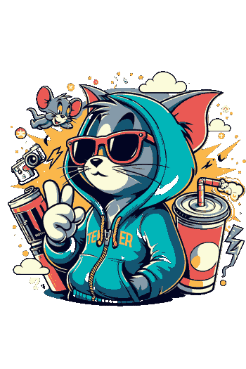 Vector de gato con sudadera azul y gafas de sol, haciendo signo de paz, con lata de refresco y ratón, estilo urbano