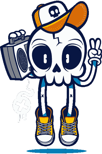 Look the same Diseño vectorial de cráneo con gorra y boombox, zapatillas amarillas y señal de paz, estilo callejero