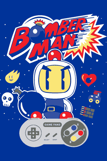 Look the same Vector de Bomberman con bombas, control de NES y fondo estrellado, texto 'BOMBER MAN GAME FANS', estilo retro gamer