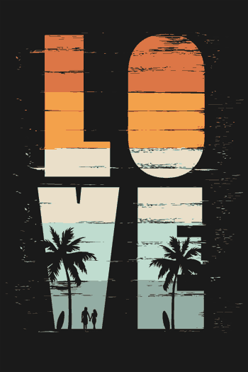 Pug enamorado Diseño vectorial de palabra 'LOVE' con estilo vintage, siluetas de palmeras, pareja y tabla de surf, fondo de atardecer
