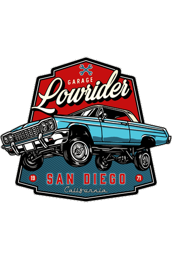 Muscle Cars, Lowriders y Hot Rods Diseño gráfico vectorial estilo emblema vintage de coche clásico lowrider azul hidráulico saltando con texto San Diego California Garage