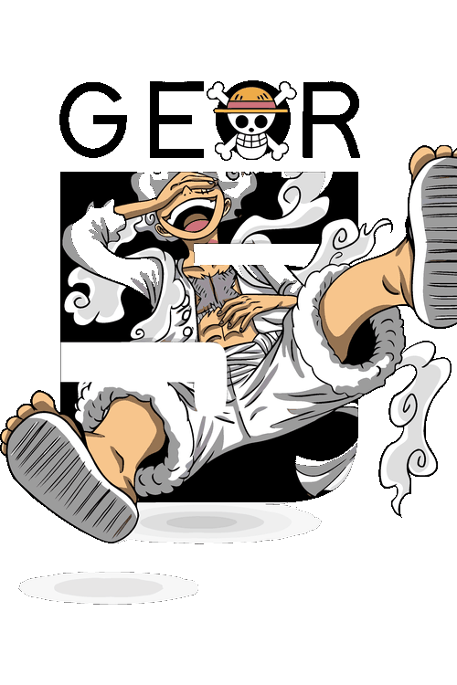 Anime Legends: Kakashi Battle Mode, Luffy Gear 5 Diseño vectorial de Monkey D. Luffy en transformación Gear 5 riendo con texto y nubes.