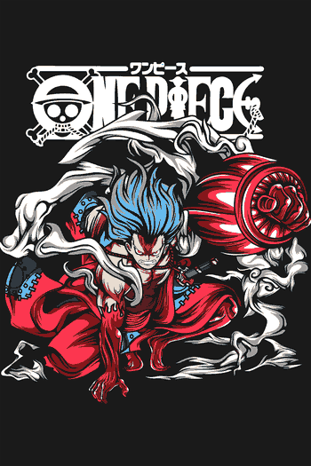 Vector anime Luffy Gear 5 One Piece cabello azul puño rojo capa blanca logo kanji japonés