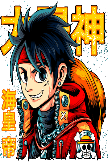 Vector de personaje de One Piece con chaqueta roja, cadenas y kanji amarillos, logo de piratas