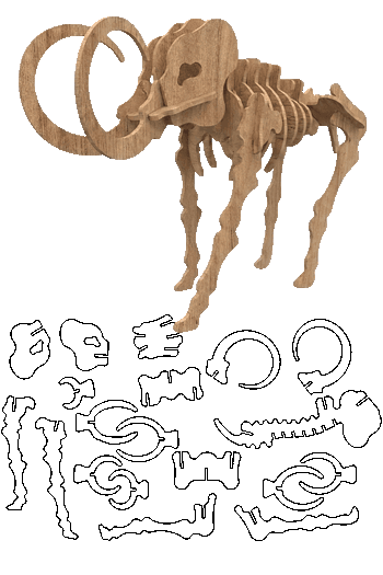 Modelo en madera de un rompecabezas 3D armable de un esqueleto de mamut lanudo realizado con corte láser.