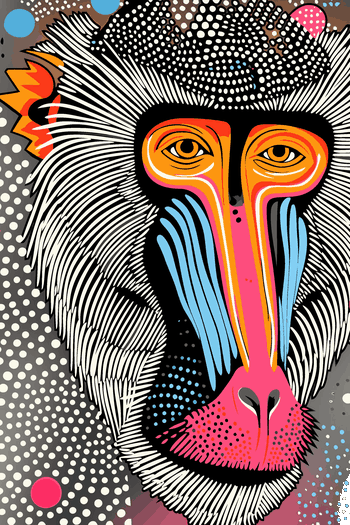 Ilustración vectorial de un mandril estilo tribal con patrones de puntos y colores vivos.