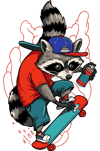 Vector de mapache con gorra azul y camiseta roja, esquiando en una tabla con lata de spray, fondo blanco