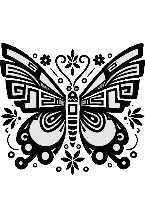Ilustración vectorial de mariposa étnica con patrones geométricos tribales en blanco y negro.