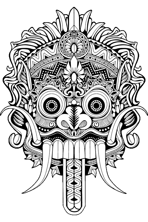 Ilustración vectorial detallada de máscara ceremonial balinesa tribal en blanco y negro.