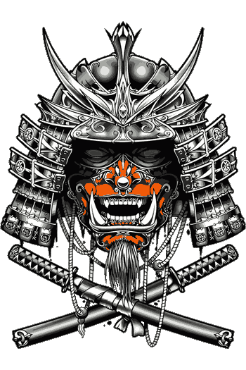 Heavy Vector de casco de samurái con máscara Hannya naranja y negra, espadas cruzadas, estilo arte de tatuaje japonés