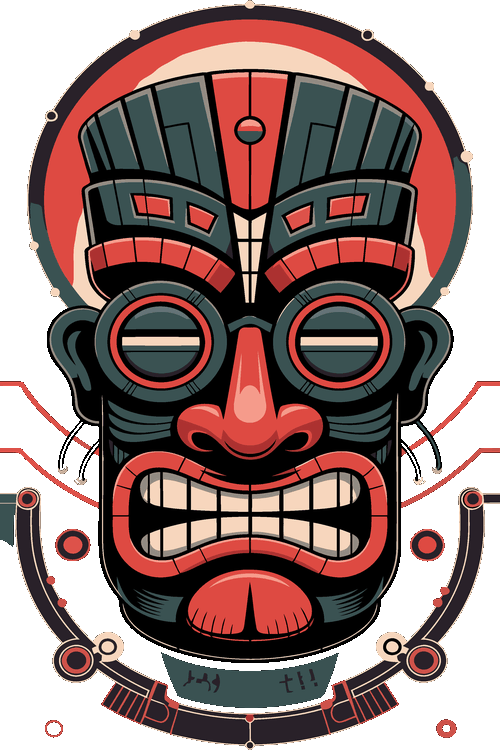 Ilustración vectorial de máscara tótem tiki simétrica con detalles geométricos en rojo y negro