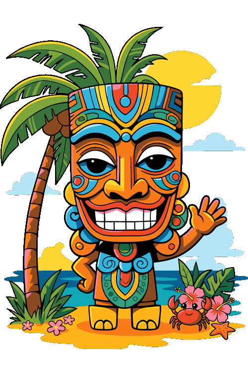 Ilustración vectorial de personaje tótem tiki sonriendo en la playa con palmeras e hibiscus.