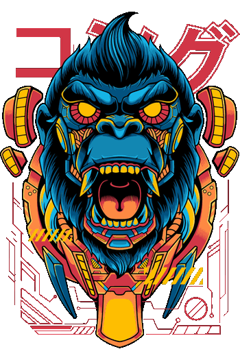 Ilustración de gorila King Kong estilo robot mecha cyberpunk con letras japonesas para estampado.