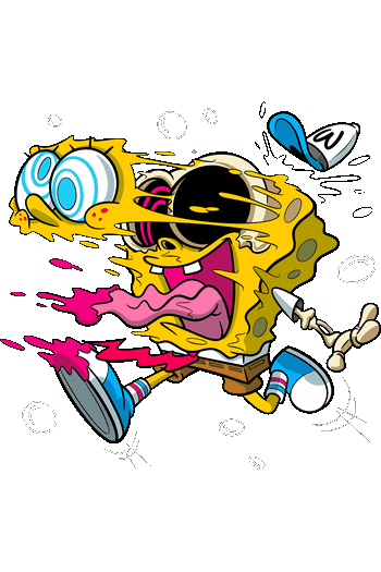 Psycho Toons & Street Chaos Diseño gráfico vectorial de un personaje de esponja amarillo derritiéndose con ojos locos y lengua fucsia.