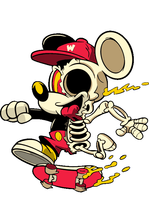 Diseño vectorial de Mickey Mouse skater mitad esqueleto montando en patineta.