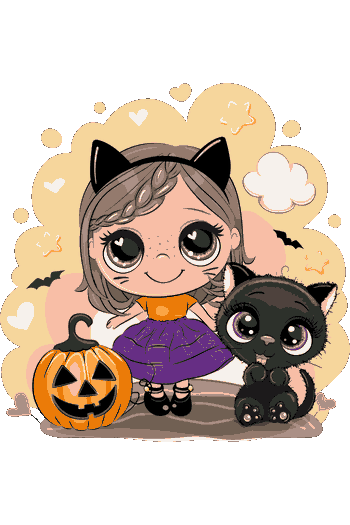  Ilustración vectorial de una tarjeta de Halloween con una niña y un gato negro sobre un fondo amarillo
