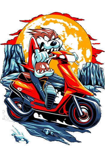 Ilustración vectorial de un lobo caricaturesco conduciendo una motoneta roja bajo la luna llena.