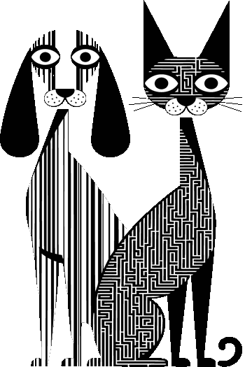 Ilustración abstracta de perro y gato en blanco y negro con patrones de líneas y laberinto para diseño textil.
