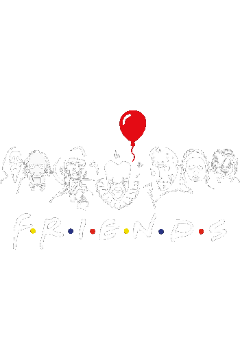 Diseño vectorial minimalista de un globo rojo con tipografía estilo Friends y silueta blanca oculta del payaso de IT.