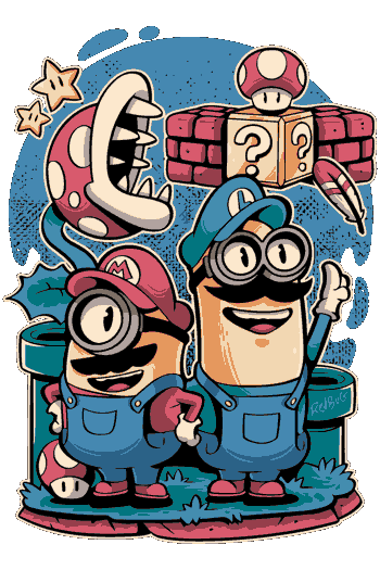 Gaming Mashup Ilustración de dos Minions disfrazados de Mario y Luigi con elementos clásicos del juego como bloques y tuberías.