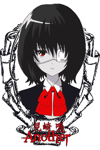 Ilustración vectorial del personaje Misaki Mei del anime Another con parche en el ojo y marco de pergaminos.