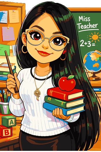 Arte vectorial de una maestra escolar sosteniendo libros con una manzana en un salón de clases.
