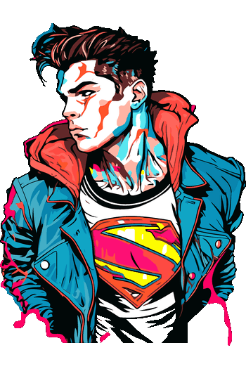 Rebeldes Neón Diseño gráfico de un héroe con chaqueta de cuero turquesa y logotipo clásico en el pecho en estilo cómic moderno.