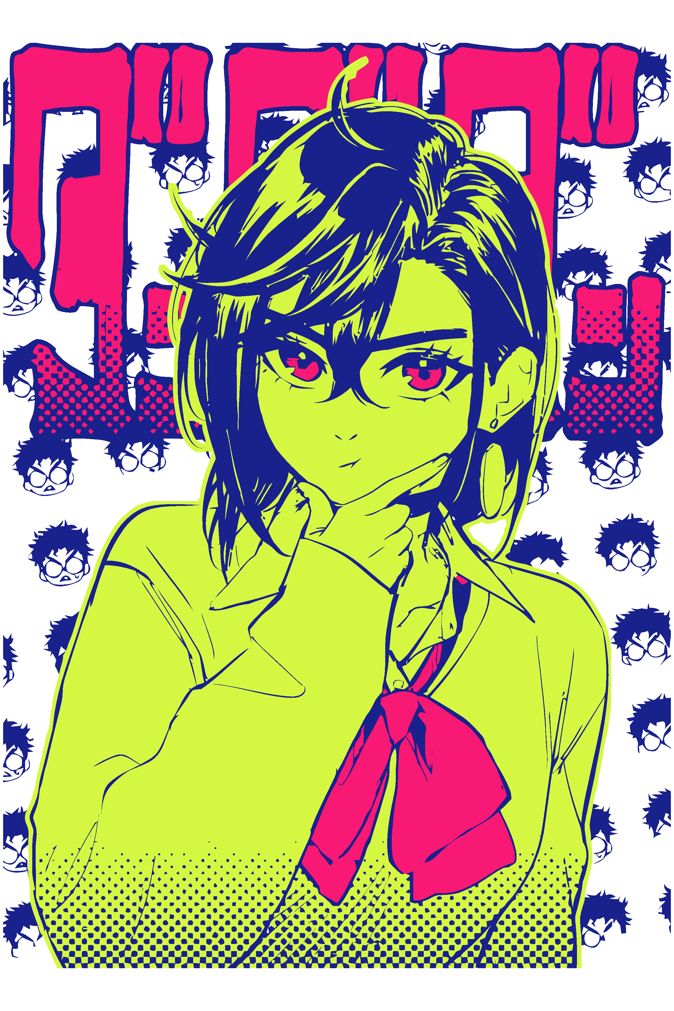 Arte vectorial de Momo Ayase de Dandadan en colores verde neón y magenta.