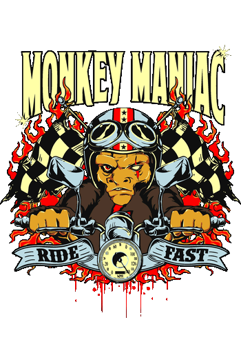 Tiburón Ocean Attack Jabali Rocker Glasses Ilustración de un mono manejando una motocicleta entre llamas con banderas a cuadros y frase Ride Fast.