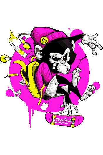 Vector de mono con gorra rosa y mochila, rodeado de botellas y plumas, estilo callejero, texto 'Skate'