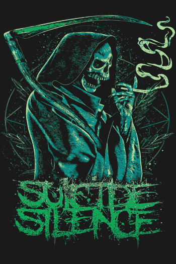 Diseño vectorial de la Parca con guadaña en tonos verdes, texto 'SUICIDE SILENCE' y humo, estilo gótico