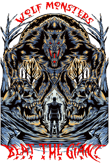 Monster-terror Vector de lobo monstruoso con ojos rojos y cráneos, texto 'WOLF MONSTERS BEAT THE GIANT', estilo fantasía oscura