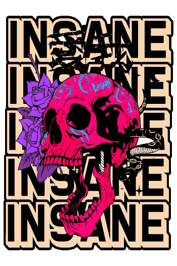 Monster-terror Vector de calavera rosa con mandíbula caída, rosas púrpuras y texto 'INSANE' repetido, estilo graffiti