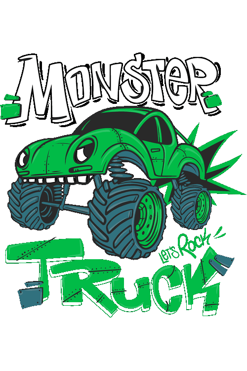 Ilustración vectorial de camión Monster Truck verde estilo caricatura con texto Let's Rock.