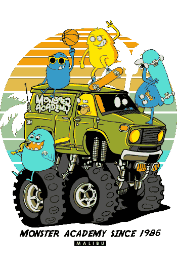 La pandilla de monstruos azules, amarillos y turquesas posando en el Jeep verde custom