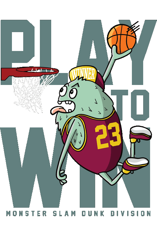 Ilustración vectorial de monstruo animado encestando en baloncesto con la frase Play to Win.