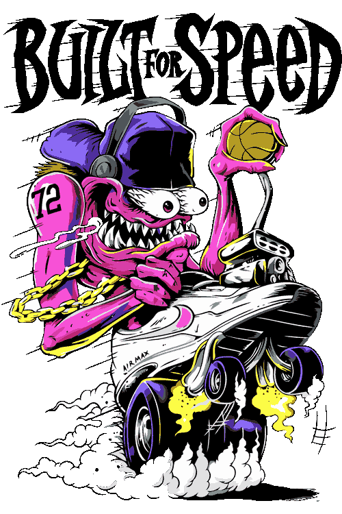 Ilustración vectorial de monstruo rosa en coche de carreras hecho con tenis Air Max y texto Built for Speed.