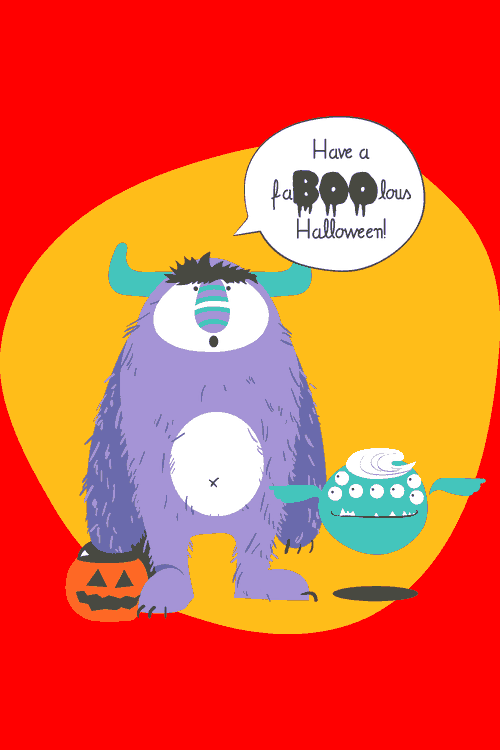 Cómics Dino Chibi Deadpool Monstruos Ilustración vectorial infantil de monstruo morado y calabaza con texto Have a faBOOlous Halloween.