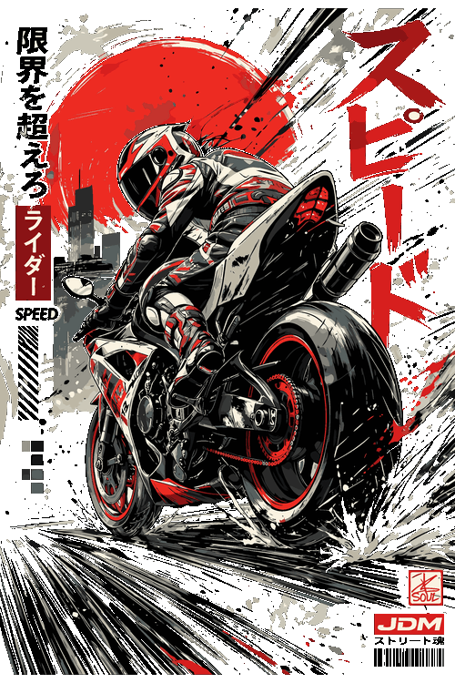 King of Speed Live to Ride & Japanese Speed Racer Ilustración vectorial estilo japonés JDM de superbike a alta velocidad con kanjis.