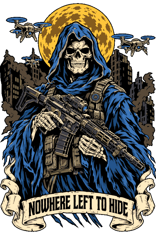Ilustración vectorial de la Muerte táctica con rifle de asalto, drones y texto Nowhere Left To Hide.