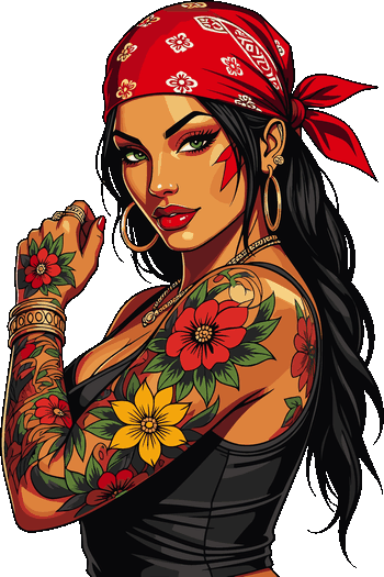 Ilustración de Personajes Latina Chicana Tattoo Ilustración vectorial estilo chicano de una mujer latina con bandana roja y tatuajes florales.